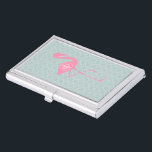 Monogram Pink Flamingo   Quatrefoil Business Card Holder<br><div class="desc">A gift featuring an illustration of a pink flamingo over a mint quatrefoil background.  Personalise with your monogram inside circle on flamingo's body.</div>