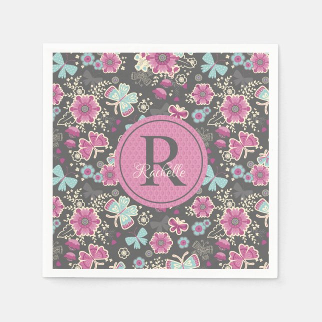 Monogram Pink Floral Birthday Pattern Napkin (Front)