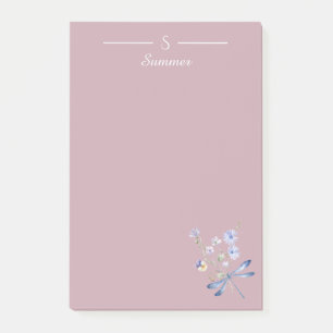 Monogram Pink Floral Dragonfly Botanical Cottage Post-it Notes