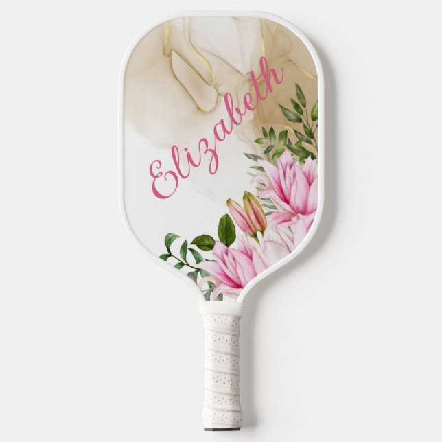 Monogram Pink Floral Green Leaves Gold Swirl Women Pickleball Paddle (Front)