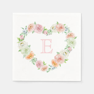 Monogram   Pink Floral Heart Wreath Wedding Napkin