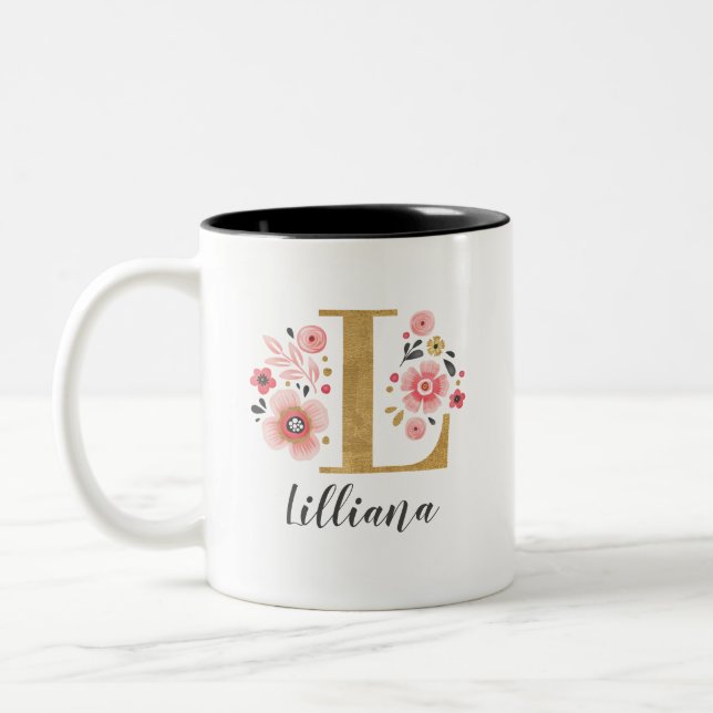 Monogram Pink Floral Initial Letter L Two-Tone Coffee Mug (Left)