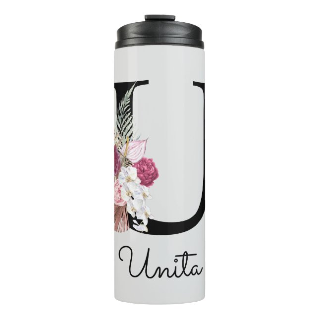 Monogram Pink Floral Initial U Thermal Tumbler (Front)