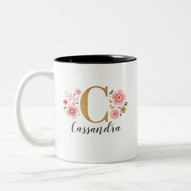 Monogram Pink Floral Letter C Two-Tone Coffee Mug (Left)