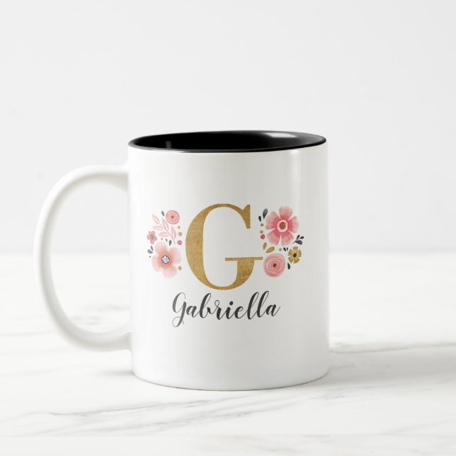Monogram Pink Floral Letter G Two-Tone Coffee Mug (Left)