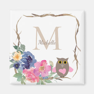Monogram Pink Floral Owl Magnet
