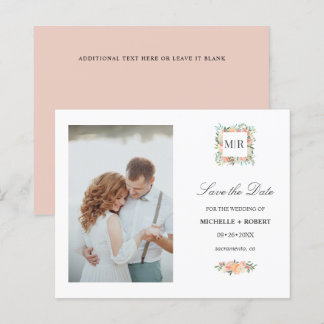 Monogram Pink Floral Photo Wedding SAVE THE DATE