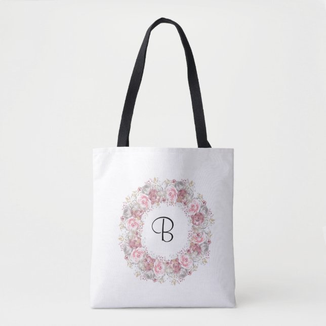 Monogram Pink Floral  Tote Bag (Front)