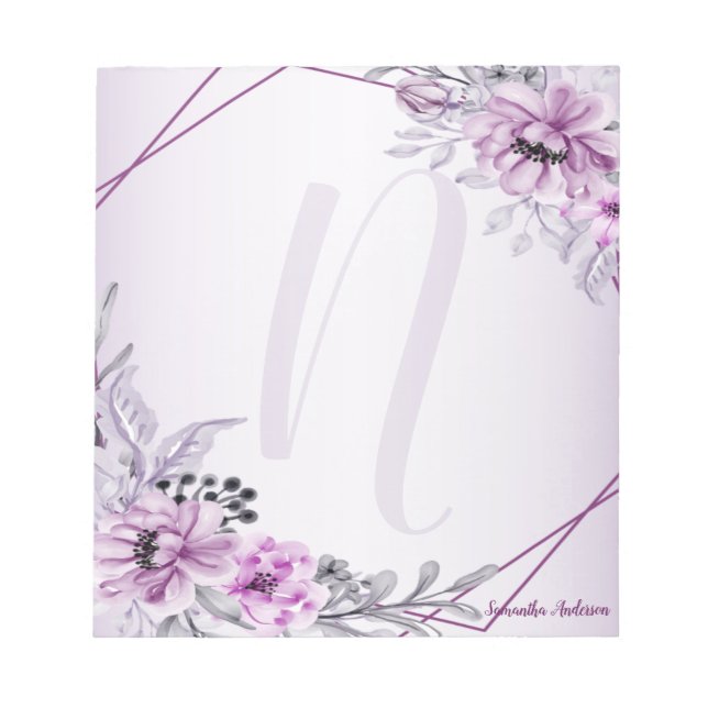 Monogram Pink Floral Violet Purple Frame Modern Notepad (Front)