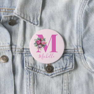Monogram Pink Floral Watercolor Initial Name 7.5 Cm Round Badge
