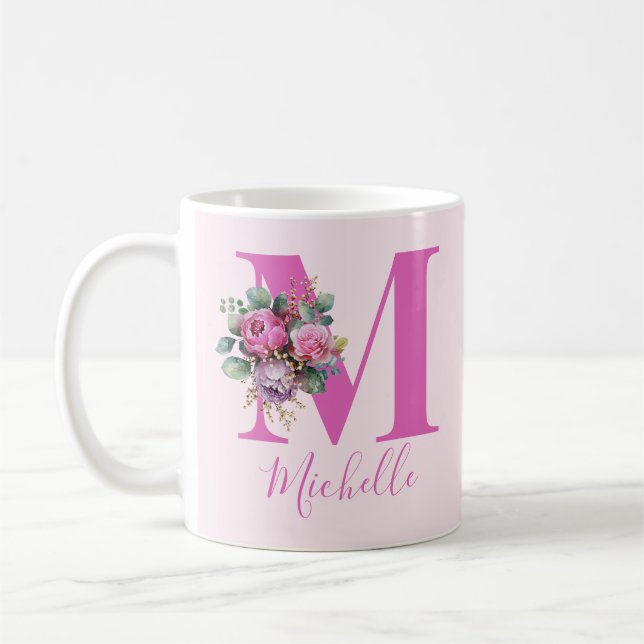 Monogram Pink Floral Watercolor Initial Name Coffee Mug (Left)