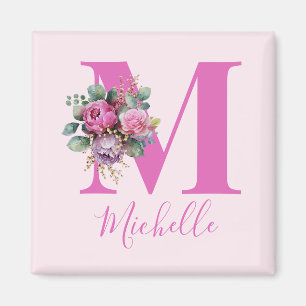 Monogram Pink Floral Watercolor Initial Name Magnet
