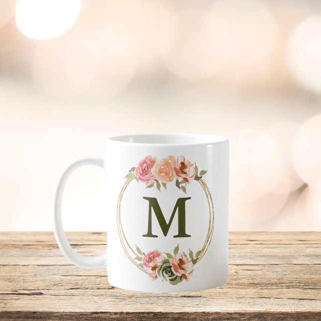 Monogram Pink Floral Watercolor Mug (Creator Uploaded)