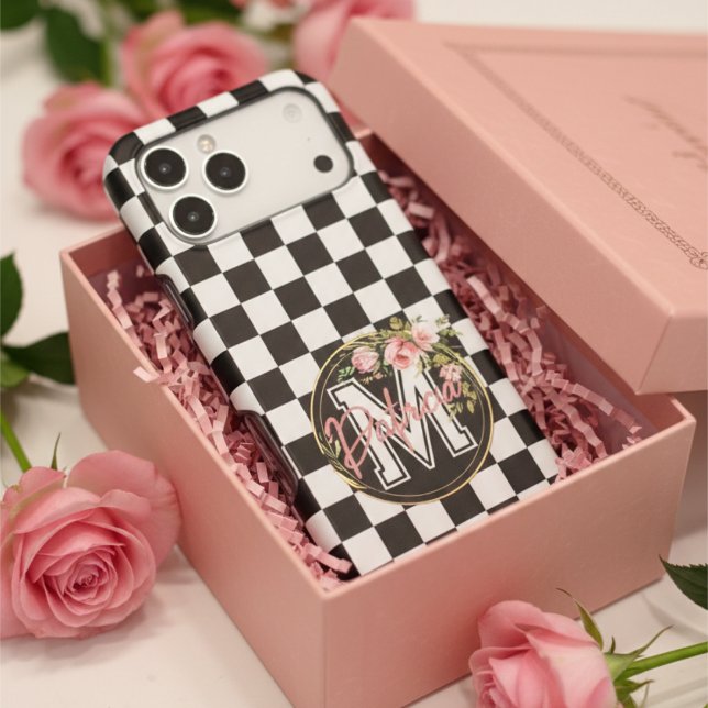 Monogram pink Flower black and white Chequered (Creator Uploaded)