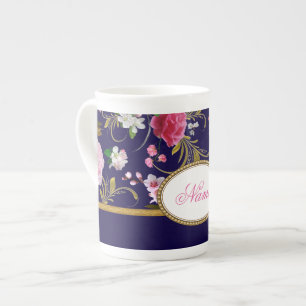 Monogram Pink Flowers Bone China Mug