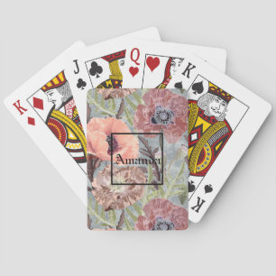 Monogram pink flowers playing cards