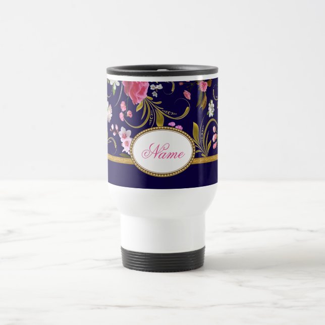 Monogram Pink Flowers Travel Mug (Center)