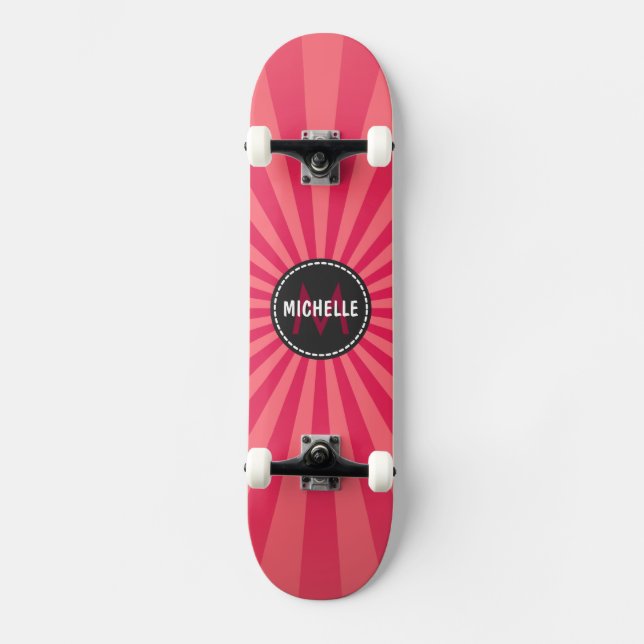 Monogram Pink Funky Sun Rays Pattern Skateboard (Front)