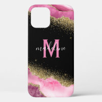 Monogram Pink Geode Agate Gold Glitter