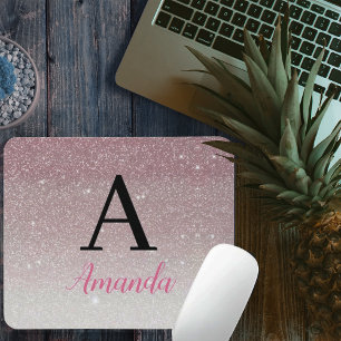 Monogram Pink Glitter Add Your Name + Initial Mouse Pad
