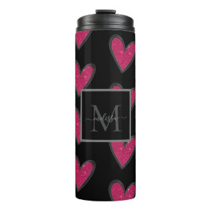 Monogram Pink Glitter Hearts  Thermal Tumbler