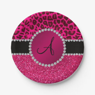 Monogram pink glitter neon hot pink leopard paper plate