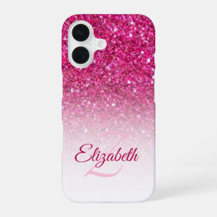 Monogram Pink Glitter Ombre First Name Custom iPhone 16 Case