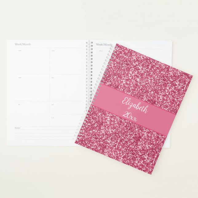 Monogram Pink Glitter White Trendy Glam Yearly Planner (Display)
