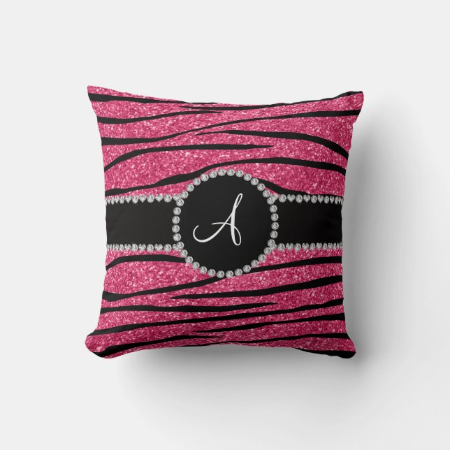 Monogram pink glitter zebra stripes circle cushion (Front)