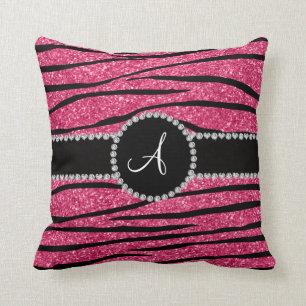 Monogram pink glitter zebra stripes circle cushion