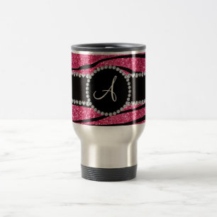 Monogram pink glitter zebra stripes circle travel mug