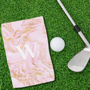 Monogram Pink Gold Glitter Marble  Golf Towel