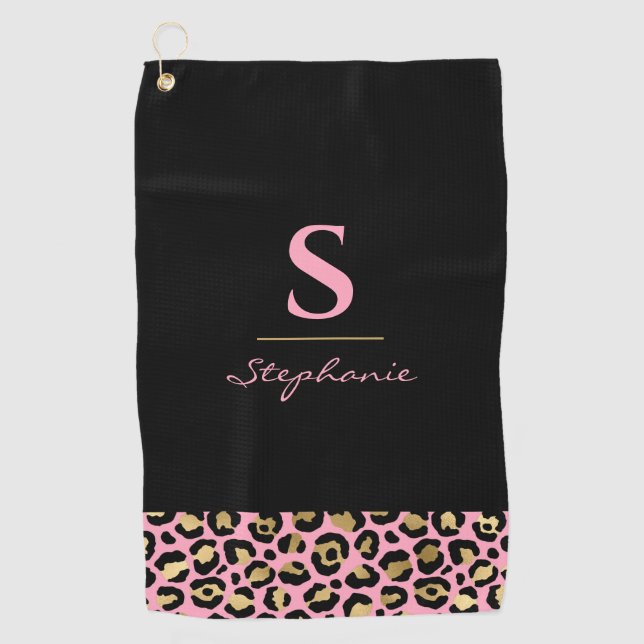 Monogram  Pink & Gold Leopard Print | Colour Block Golf Towel (Front)