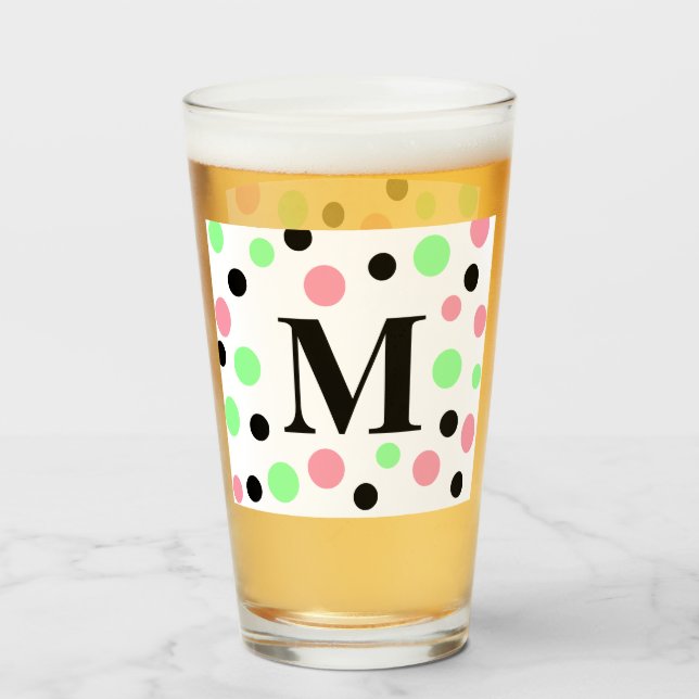 Monogram Pink Green Black Polka Dots Glass (Front Filled)