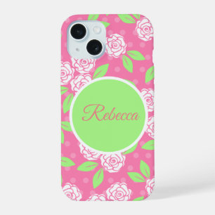 Monogram Pink Green Floral Trendy Chic iPhone 15 Case