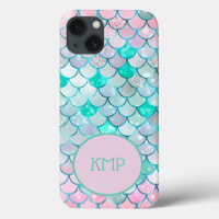 Monogram Pink Green Glitter Mermaid Scales