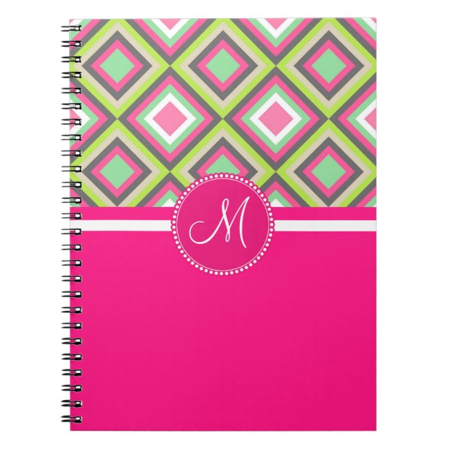 Monogram Pink Green Grey Diamonds Square Pattern Spiral Notebook (Front)