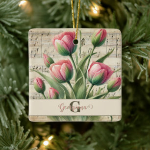 Monogram Pink & Green Vintage Tulips Sheet Music Ceramic Ornament