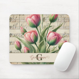 Monogram Pink & Green Vintage Tulips Sheet Music Mouse Pad