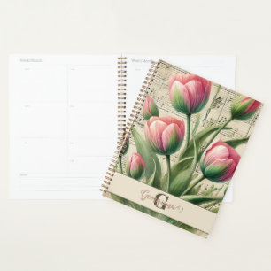 Monogram Pink & Green Vintage Tulips Sheet Music Planner
