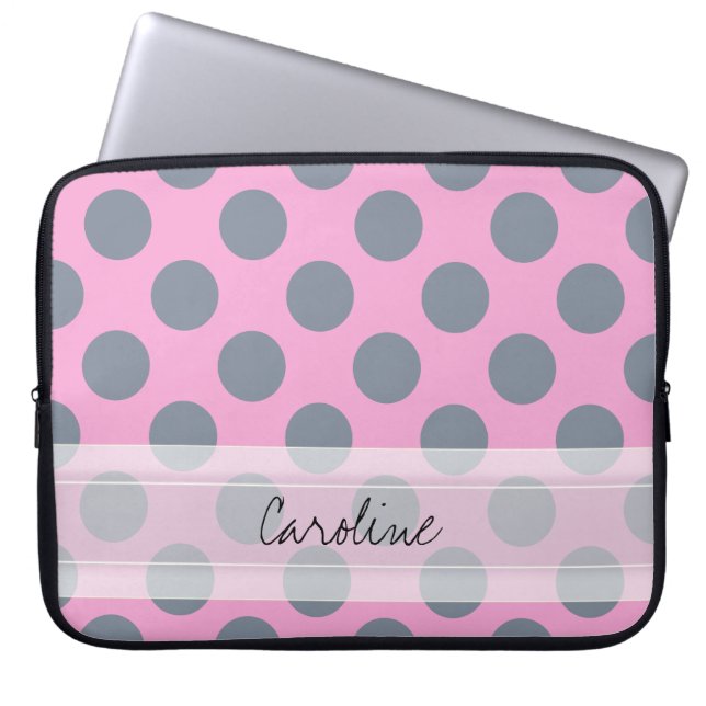 Monogram Pink Grey Chic Polka Dot Pattern Laptop Sleeve (Front)