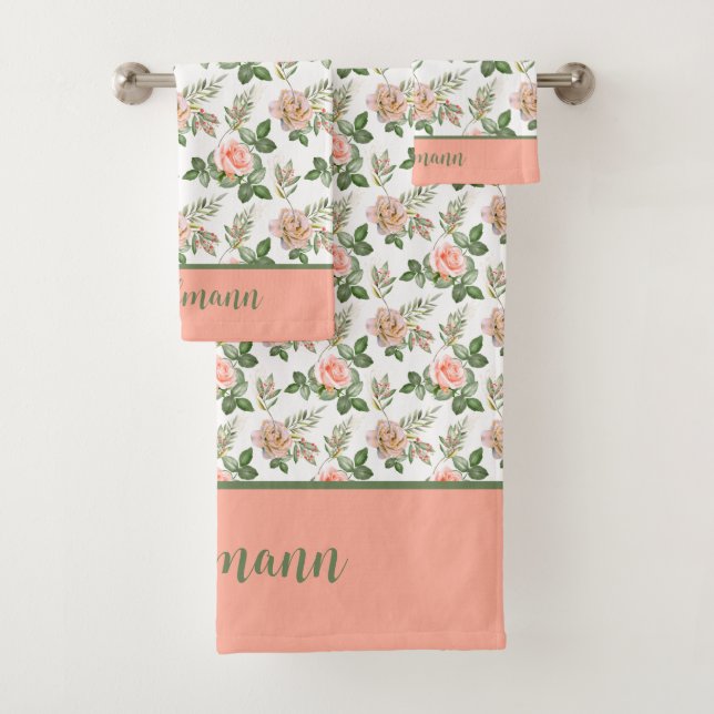 Monogram Pink Grey Floral Flowers Roses Gift Bath Towel Set (Insitu)
