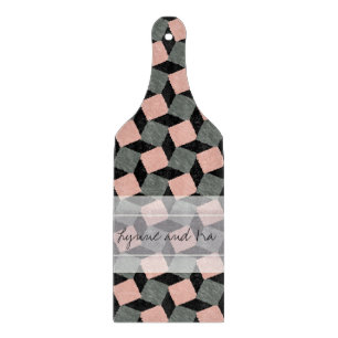 Monogram Pink Grey Geometric Ikat Square Pattern Cutting Board
