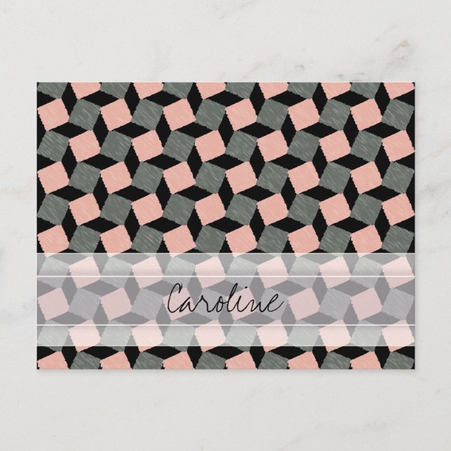 Monogram Pink Grey Geometric Ikat Square Pattern Postcard (Front)