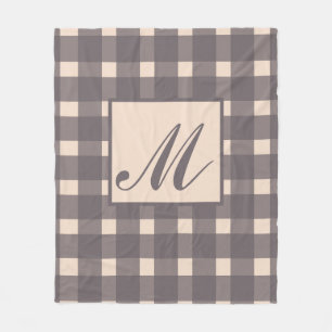 Monogram Pink Grey Gingham Pattern Fleece Blanket