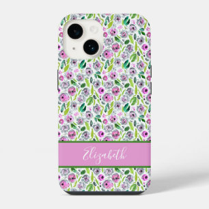 Monogram Pink Grey Green Boho Watercolor Floral iPhone 14 Case