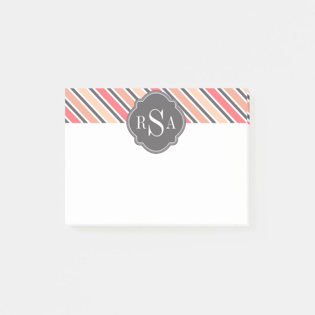 Monogram Pink Grey White Stripe Pattern Post-it Notes (Front)