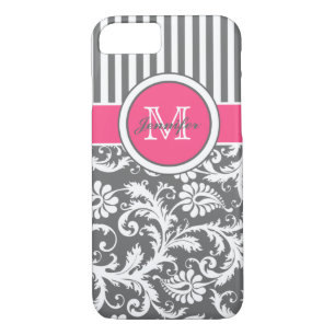 Monogram Pink Grey White Striped Damask Case-Mate iPhone Case