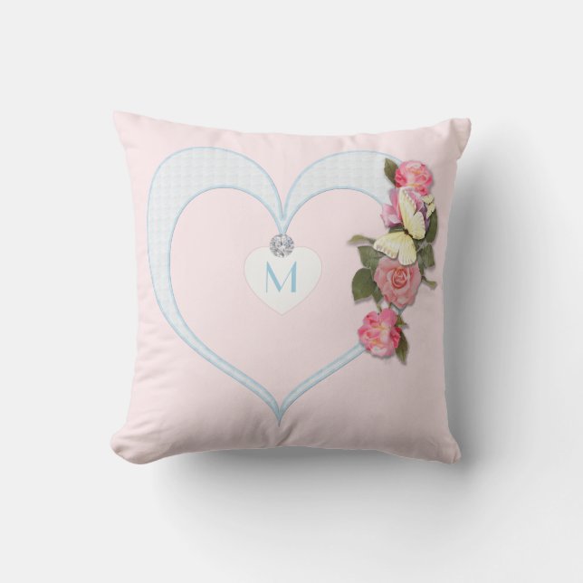 Monogram Pink, Heart,Flowers, Butterfly - Diamond Cushion (Front)