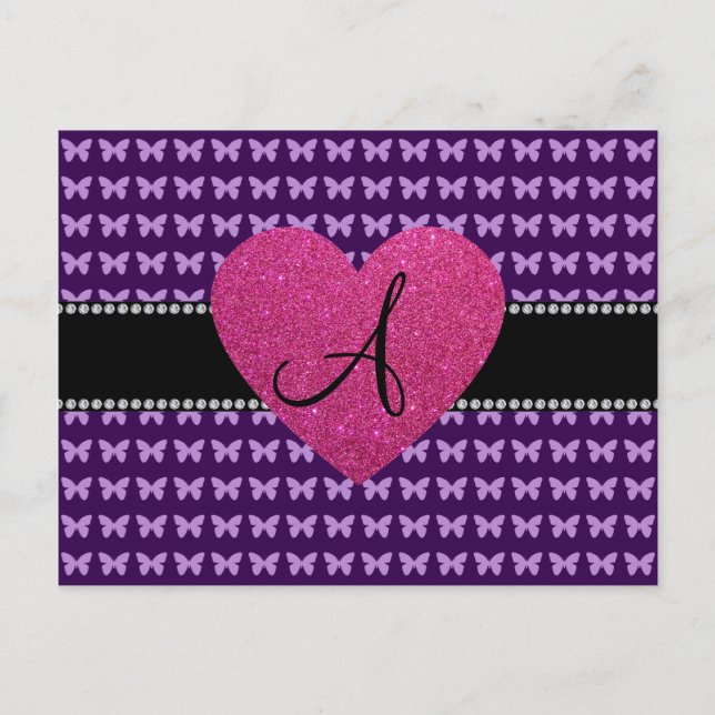 Monogram pink heart purple butterflies postcard (Front)